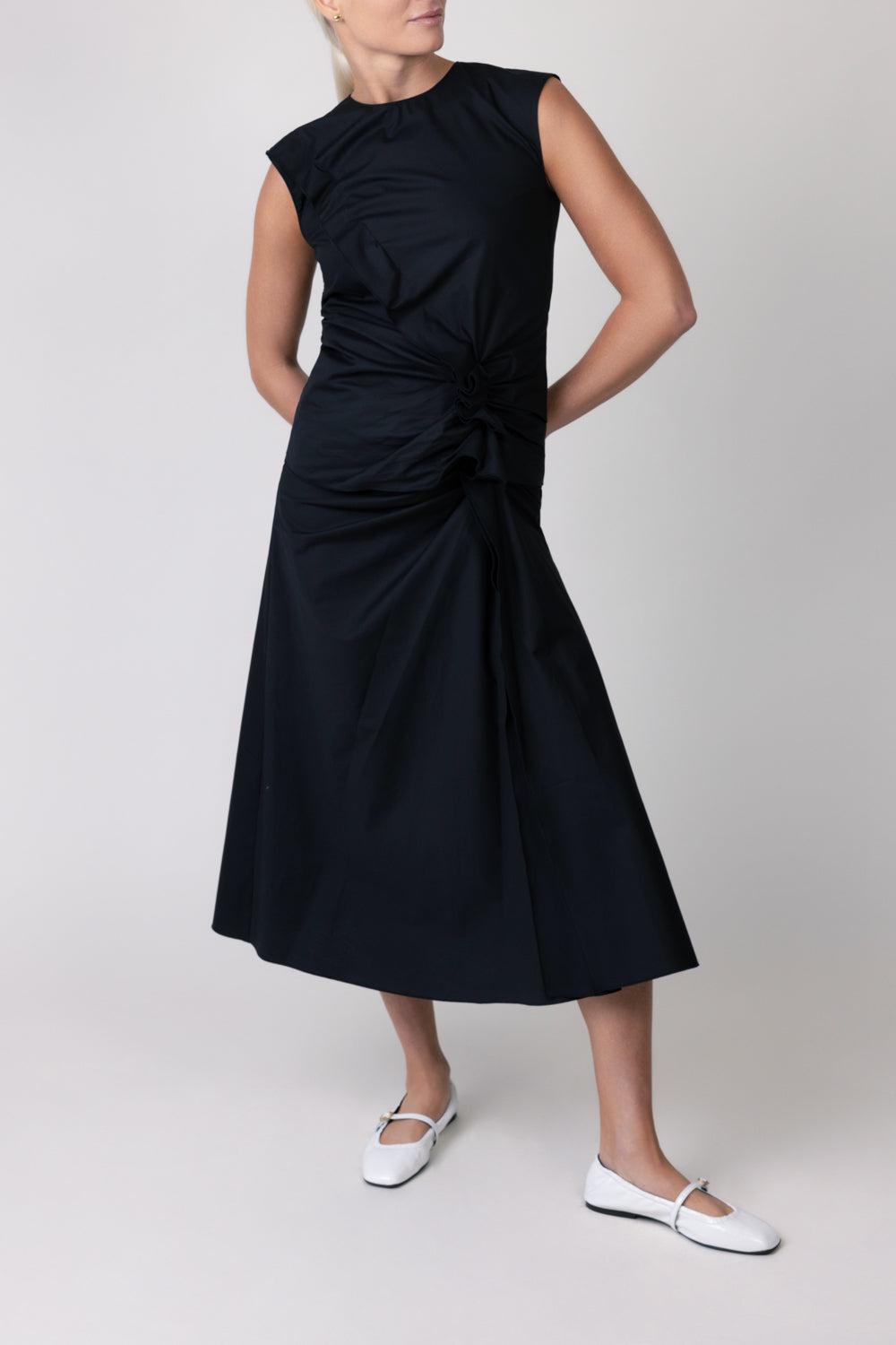 Gathered Midi Skirt - Black-BLACK-38-CLOTHINGSKIRTMIDI-MANTU