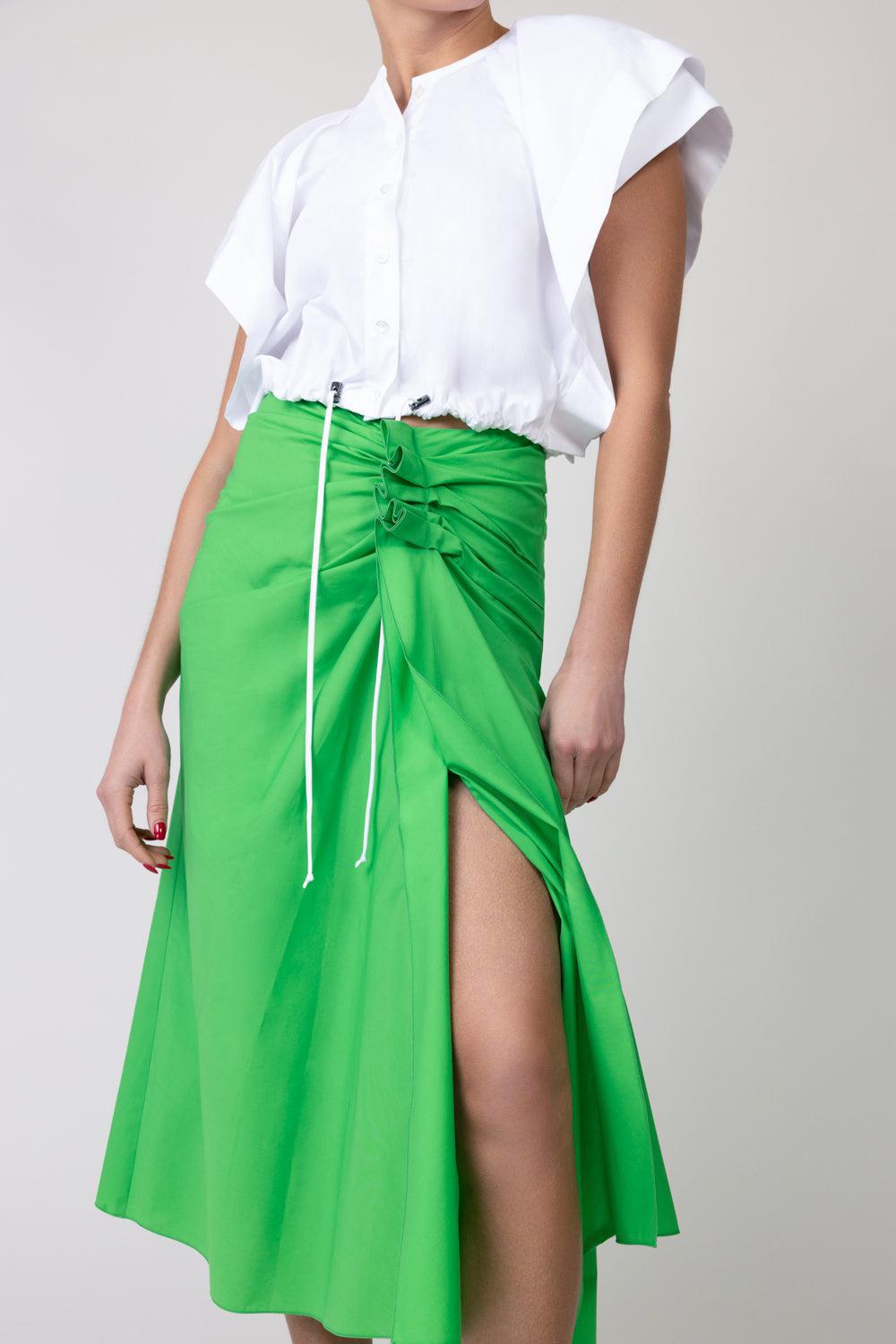 Gathered Midi Skirt - Green-GREEN-38-CLOTHINGSKIRTMIDI-MANTU