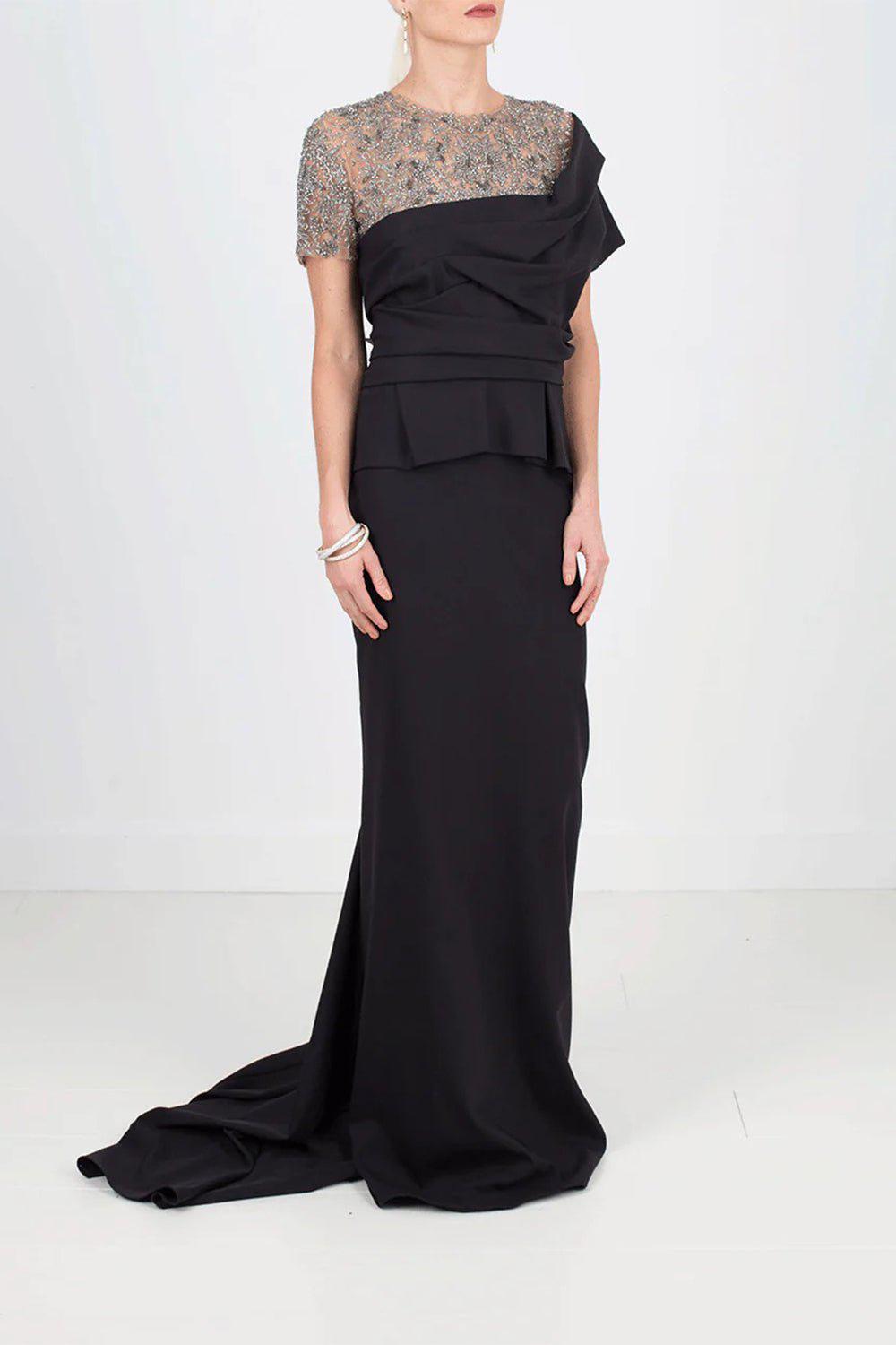 MARCHESA-Crystal Illusion Jersey Gown-BLACK