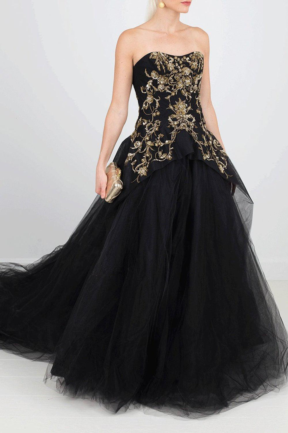 black and gold tulle dress Gold Embroidered Tulle Gown