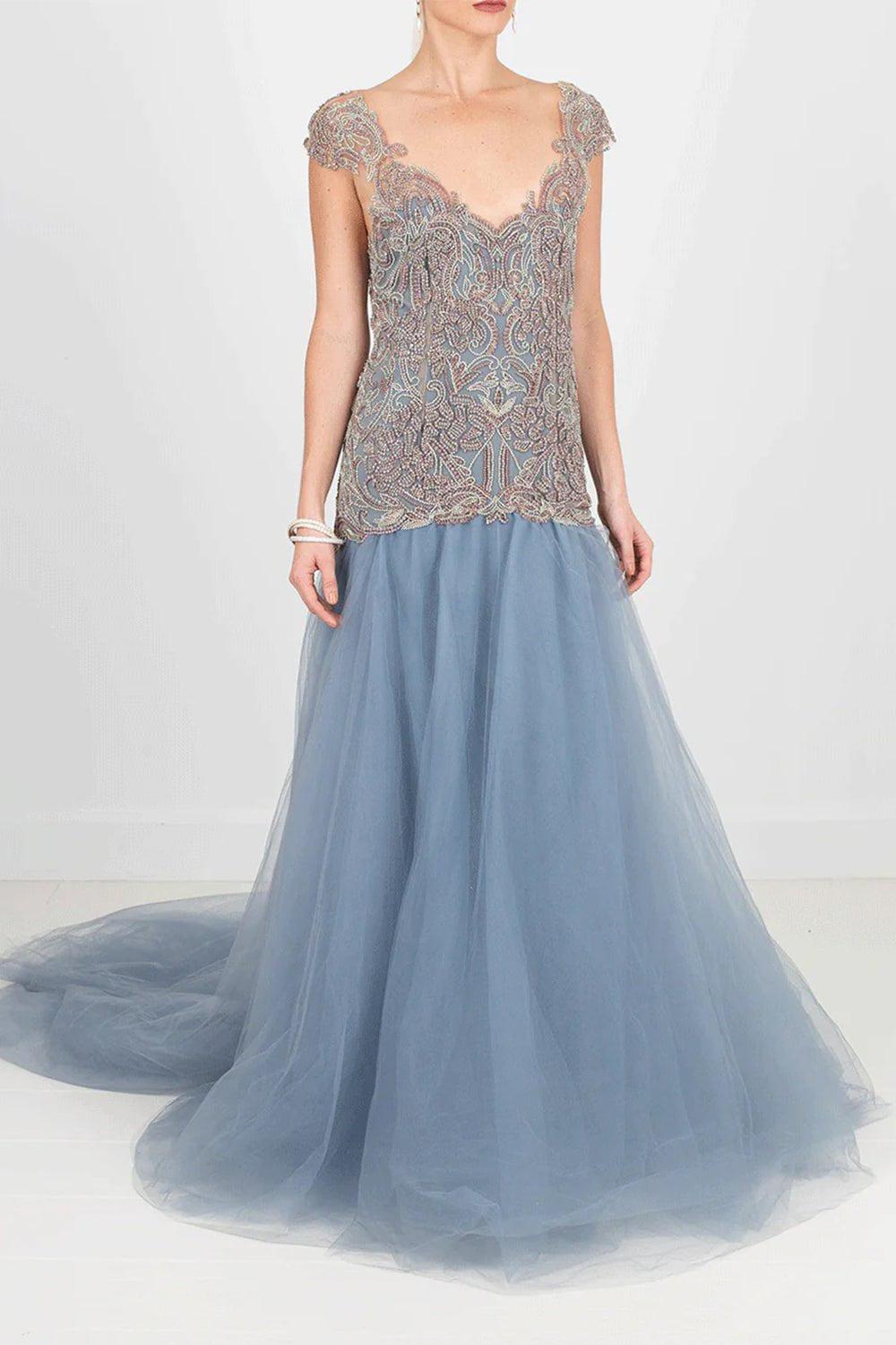 MARCHESA-Drop Waist Embroidered Ball Gown-BLUE