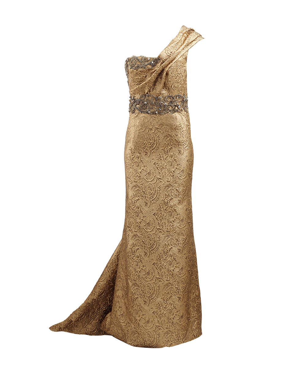 MARCHESA-Metallic One Shoulder Gown-GOLD