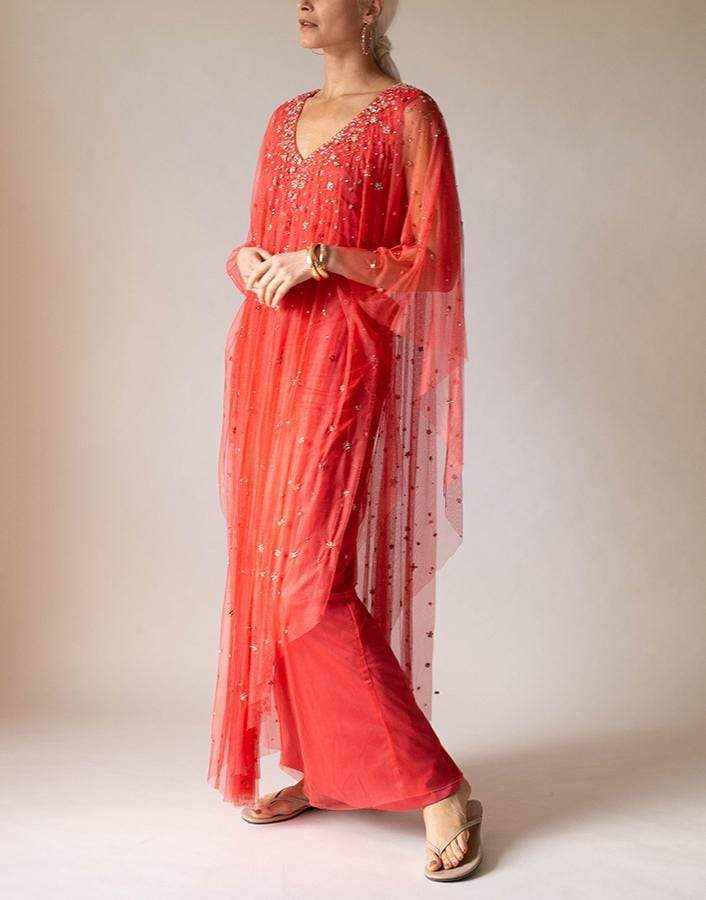 MARCHESA-Beaded Tulle Gown-RED