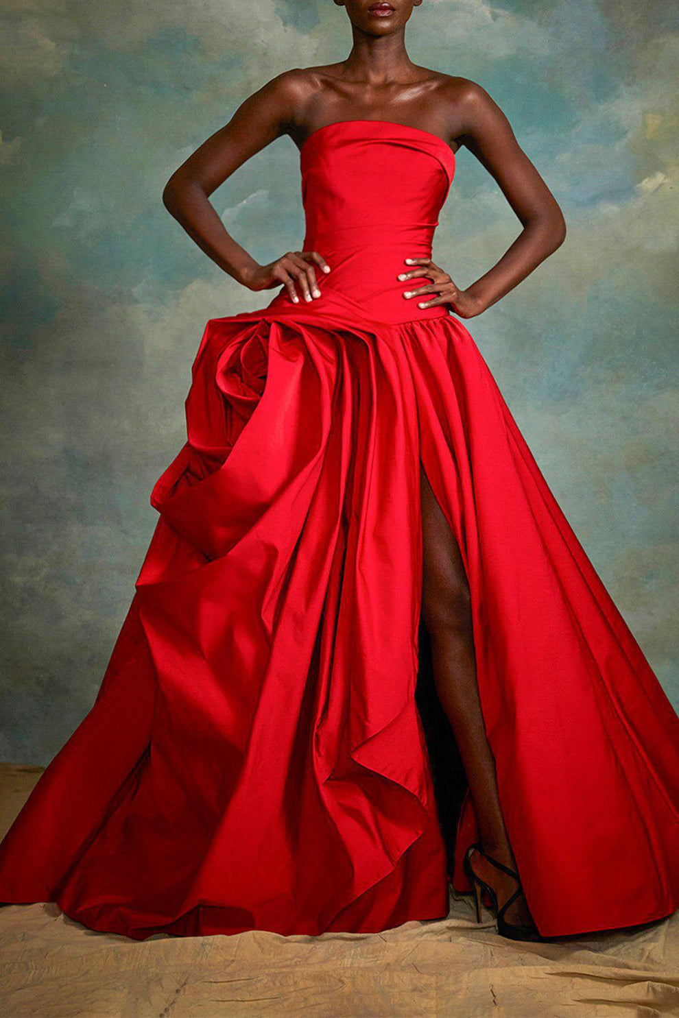 Strapless Floral Drape Gown