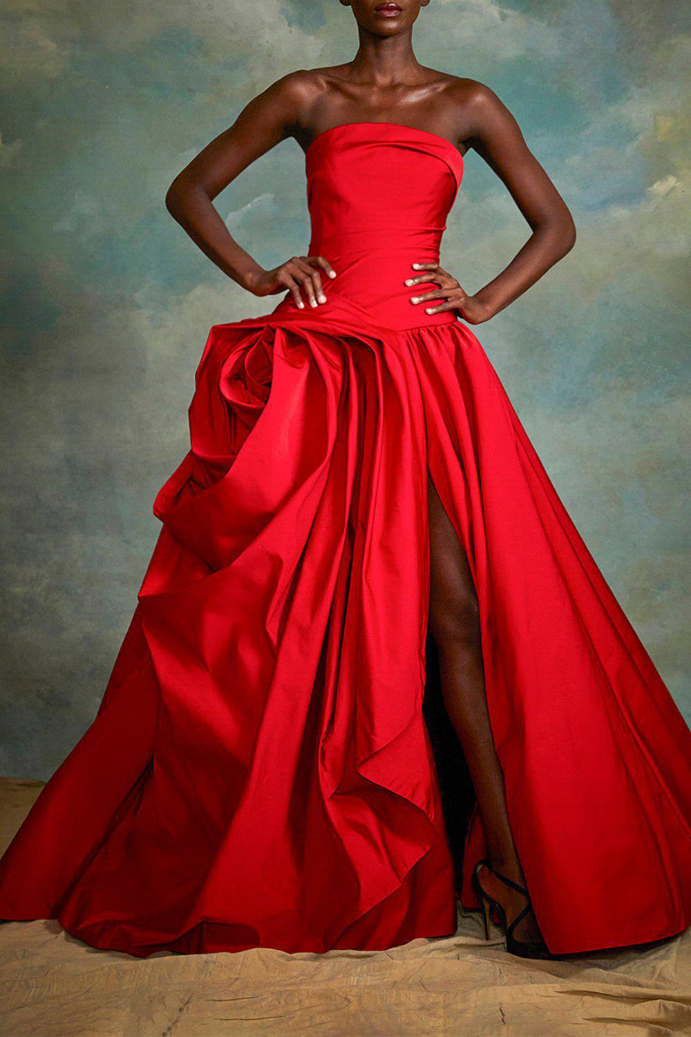 MARCHESA-Strapless Floral Drape Gown-RED