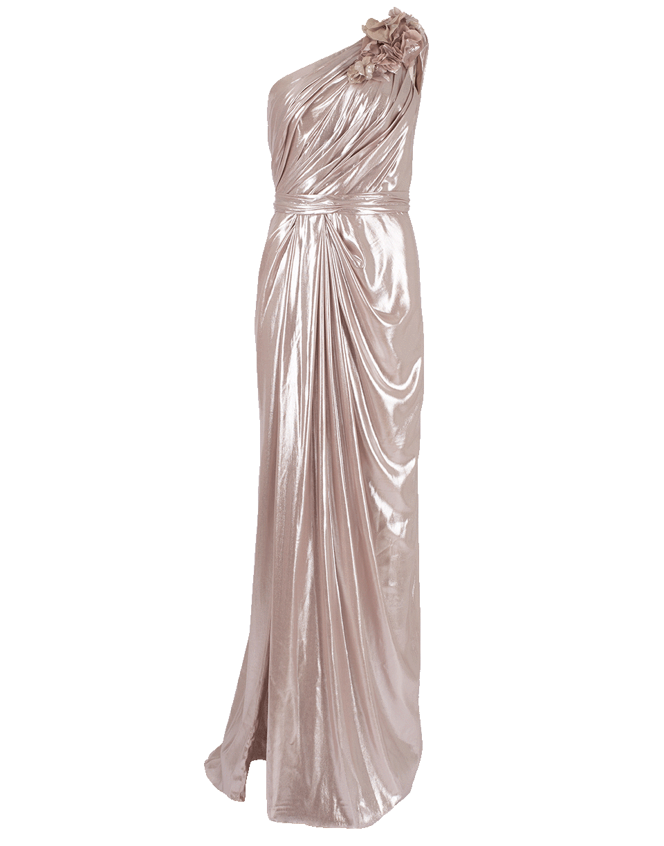 MARCHESA-Lamé One Shoulder Drape Gown-