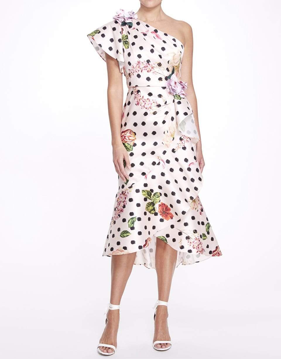 MARCHESA NOTTE-One Shoulder Polka Dot Dress-
