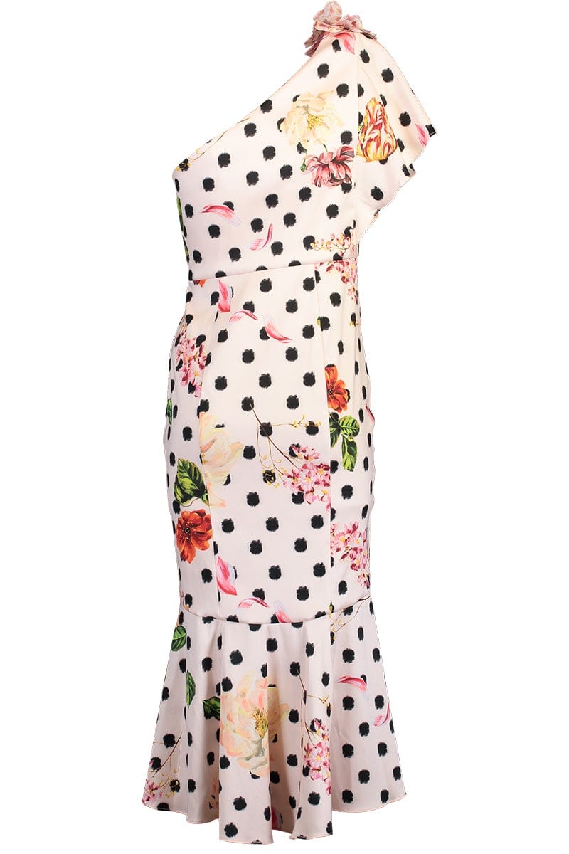 MARCHESA NOTTE-One Shoulder Polka Dot Dress-