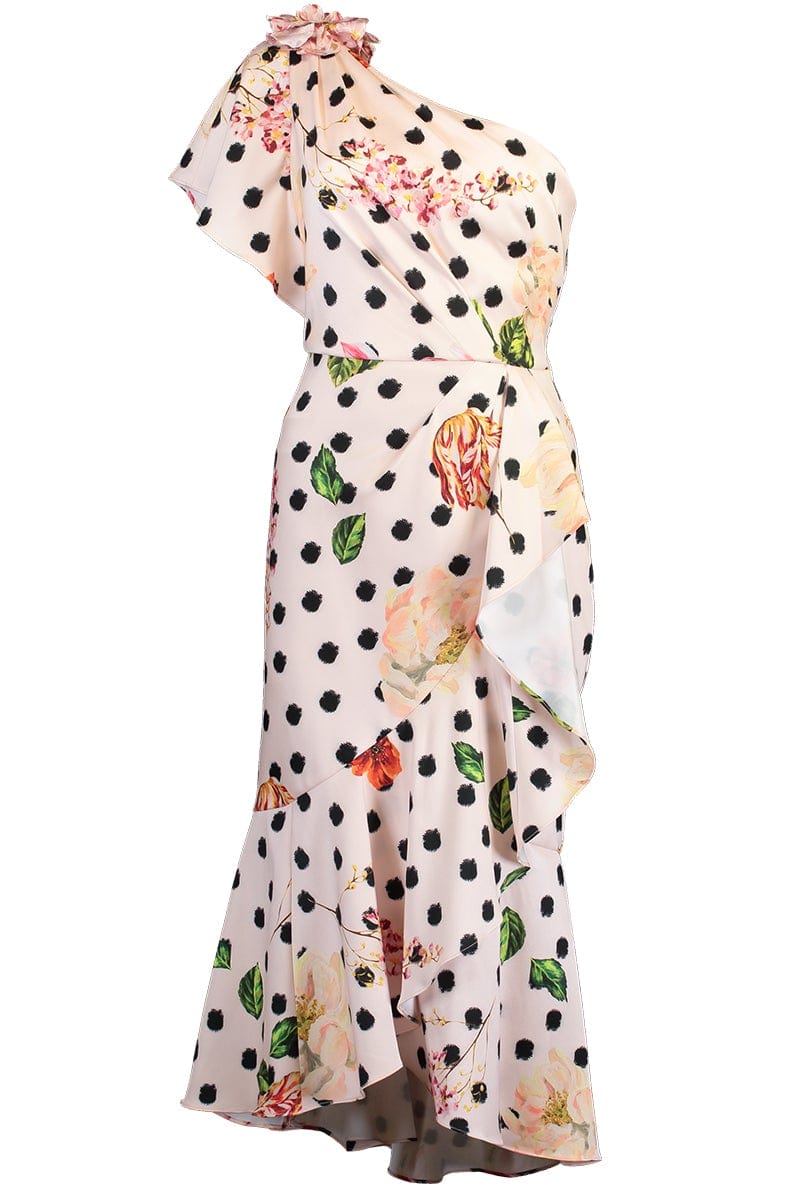 MARCHESA NOTTE-One Shoulder Polka Dot Dress-