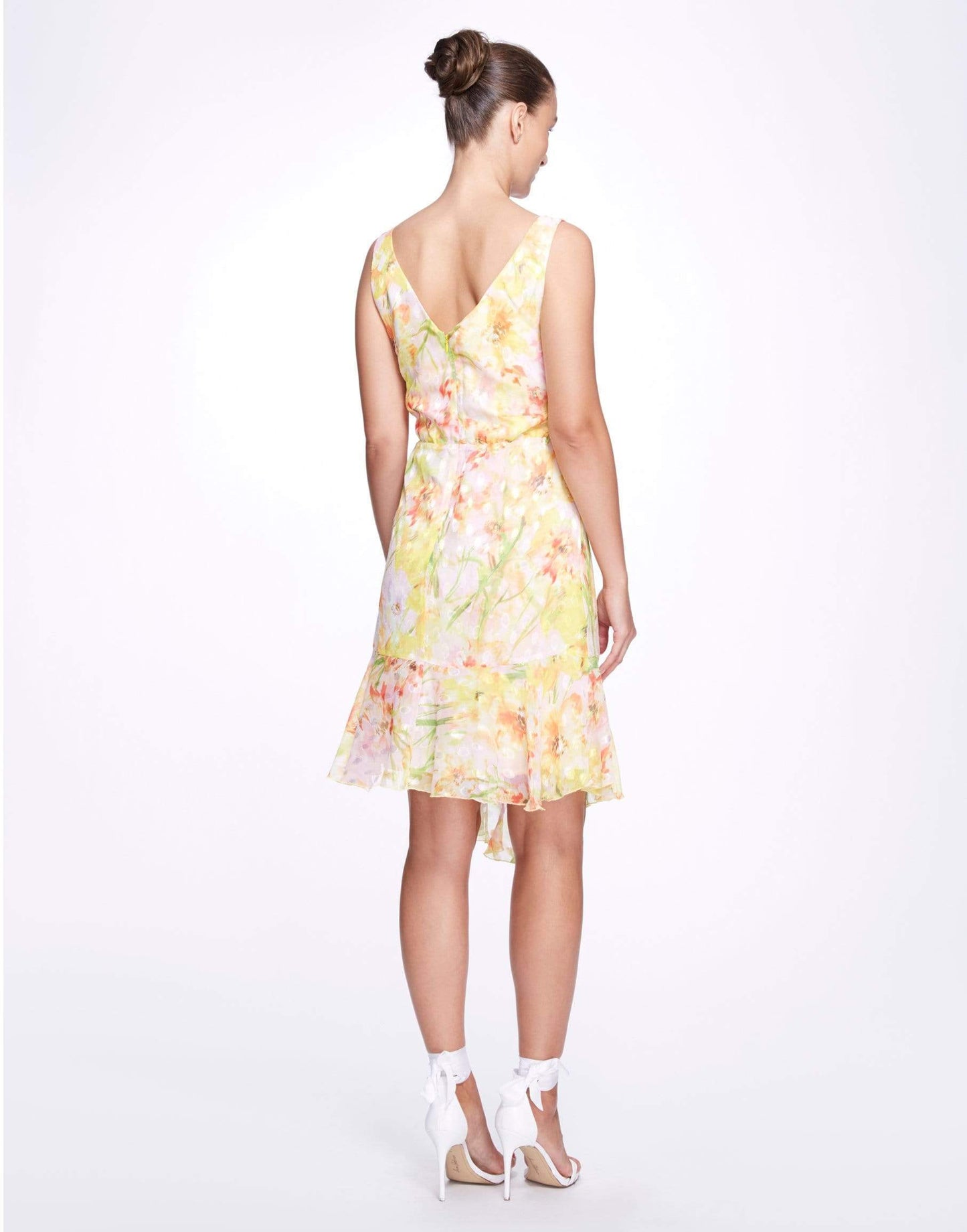MARCHESA NOTTE-Sleeveless Burnout Chiffon Wrap Dress-
