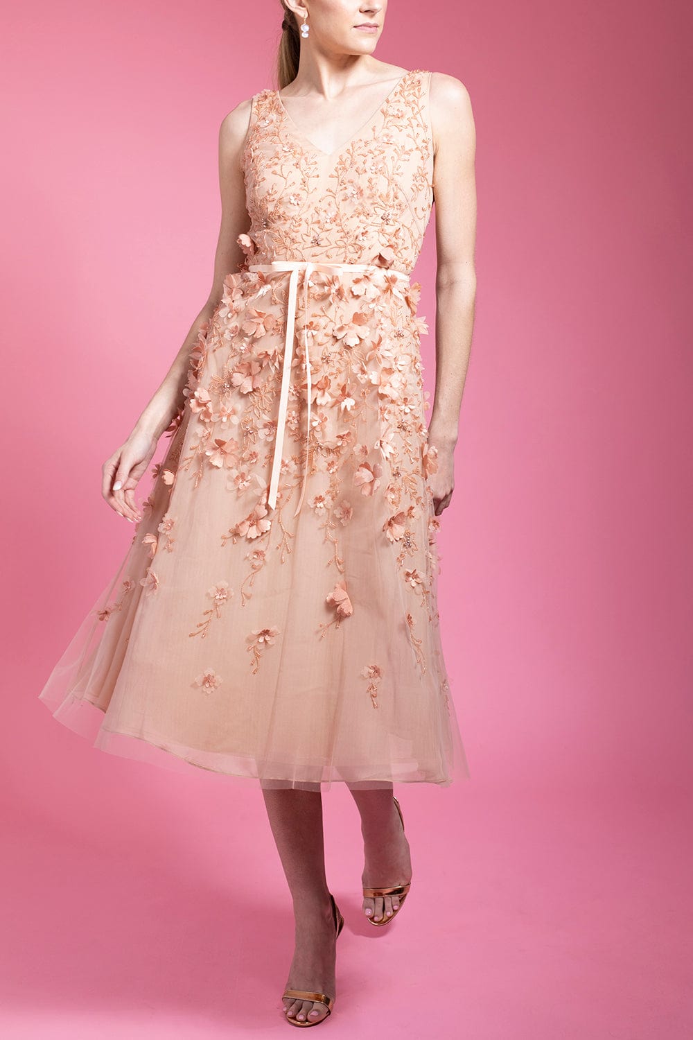 MARCHESA NOTTE-Sleeveless V Neck Beaded Floral Dress-