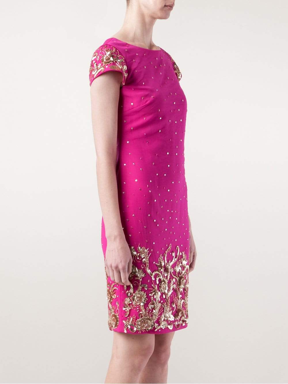 MARCHESA NOTTE-Beaded Shift Cocktail Dress-PINK