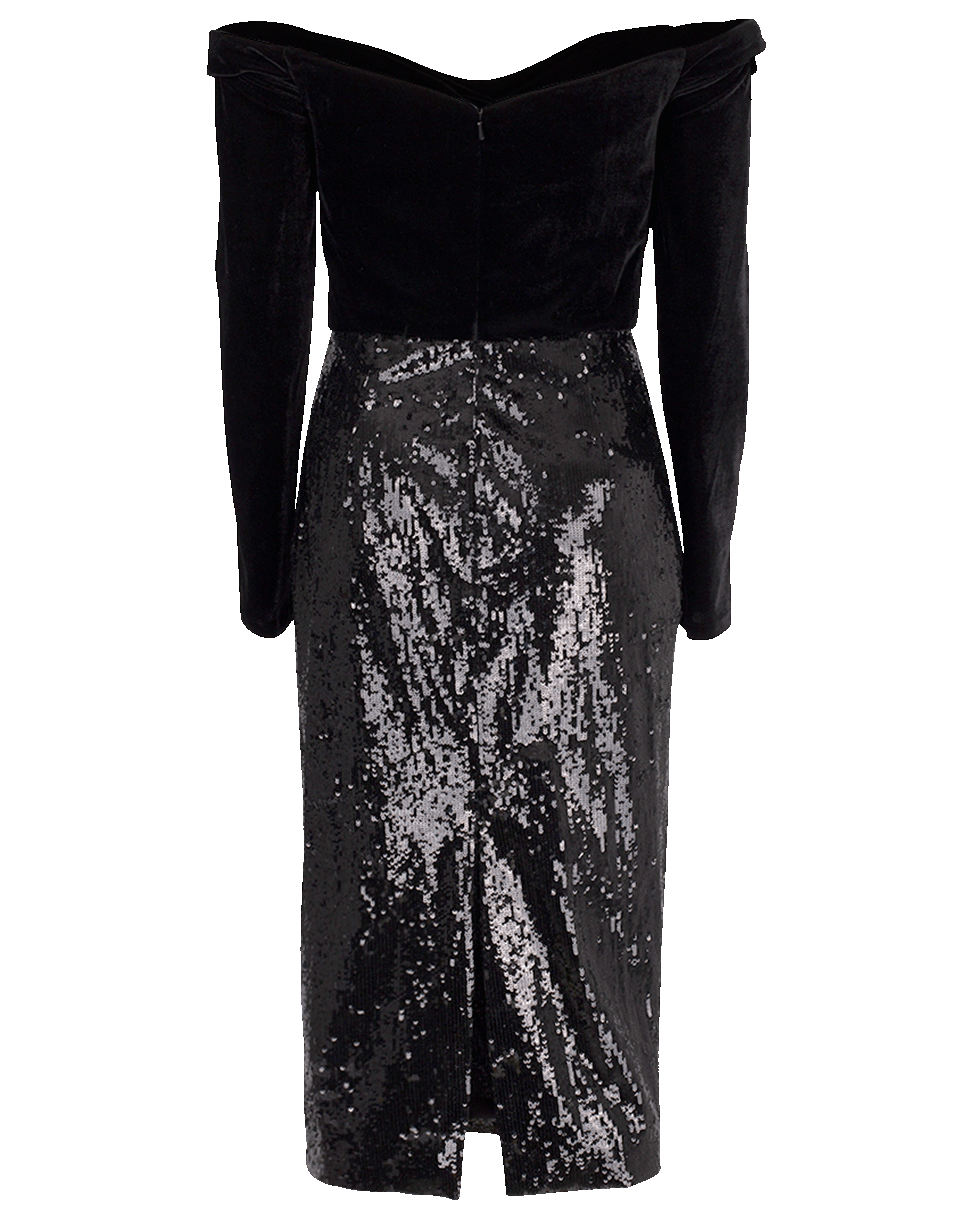 MARCHESA NOTTE-Velvet Off Shoulder Sequin Skirt Dress-