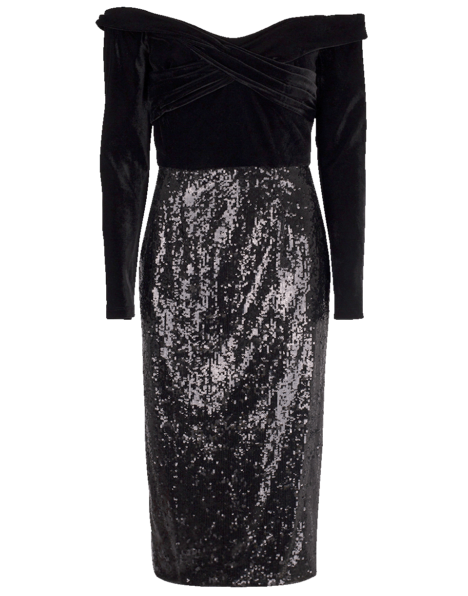 MARCHESA NOTTE-Velvet Off Shoulder Sequin Skirt Dress-
