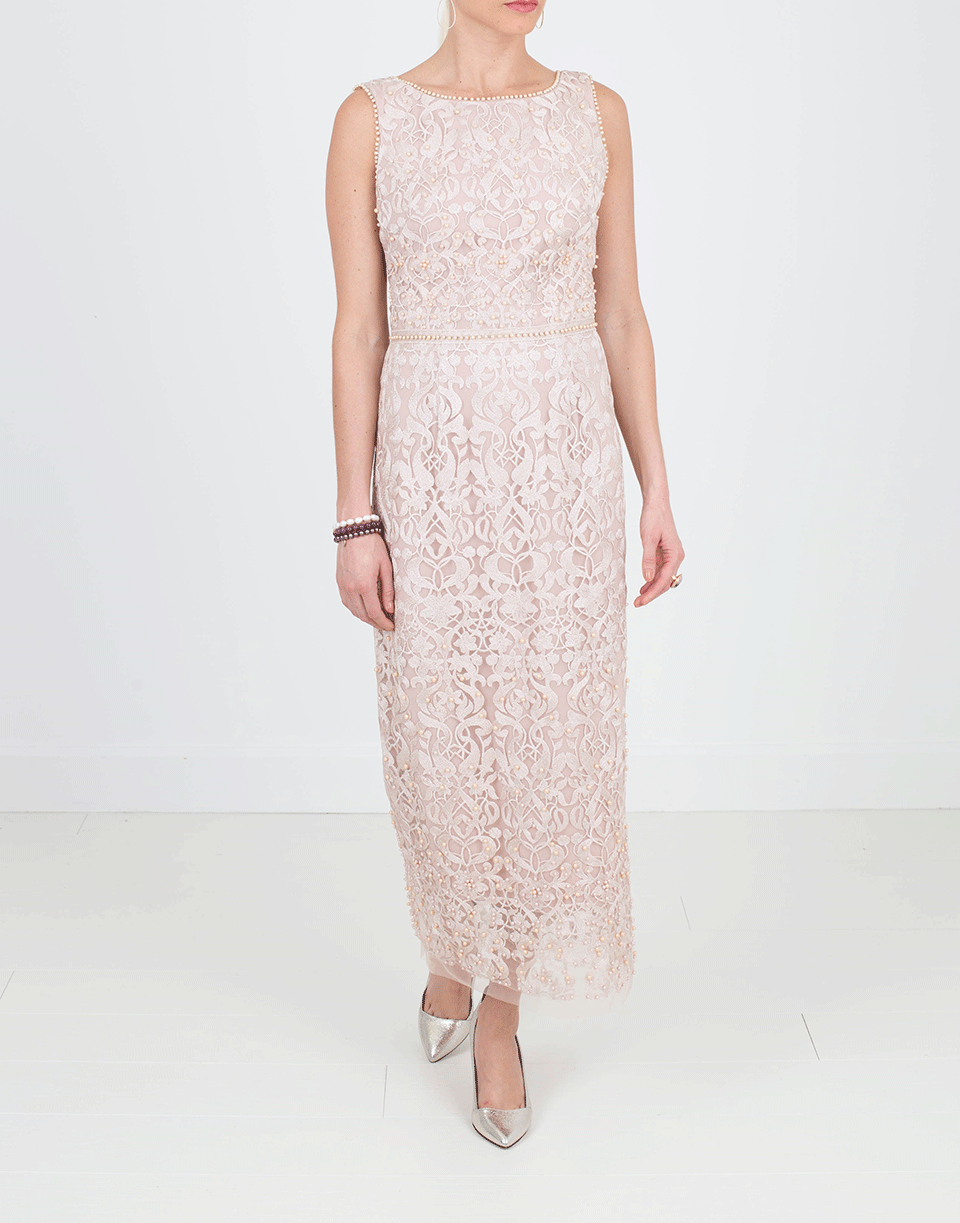 MARCHESA NOTTE-Metallic Embroidered Shift Dress-