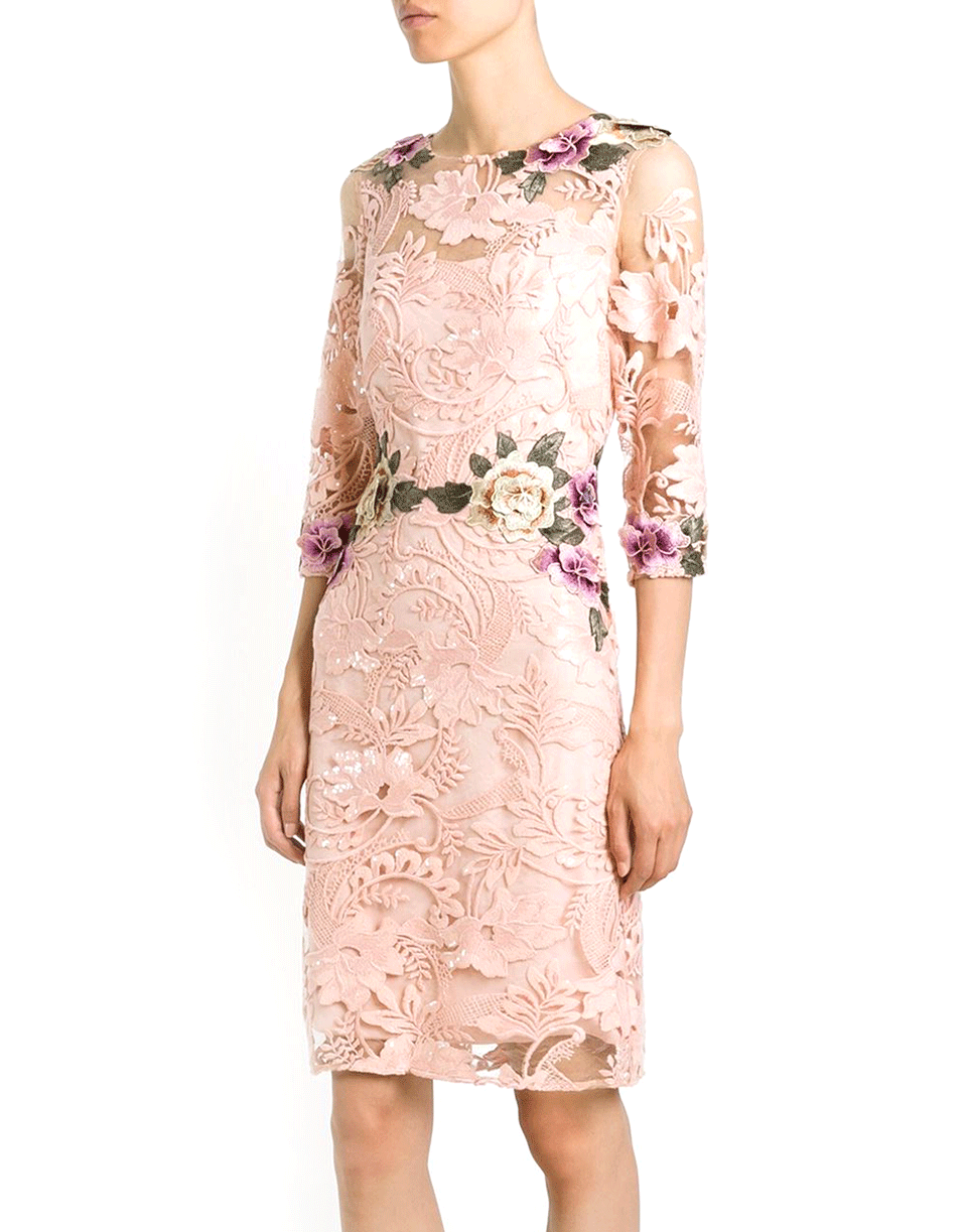 MARCHESA NOTTE-Sequined Floral Threadwork Cocktail Dress-