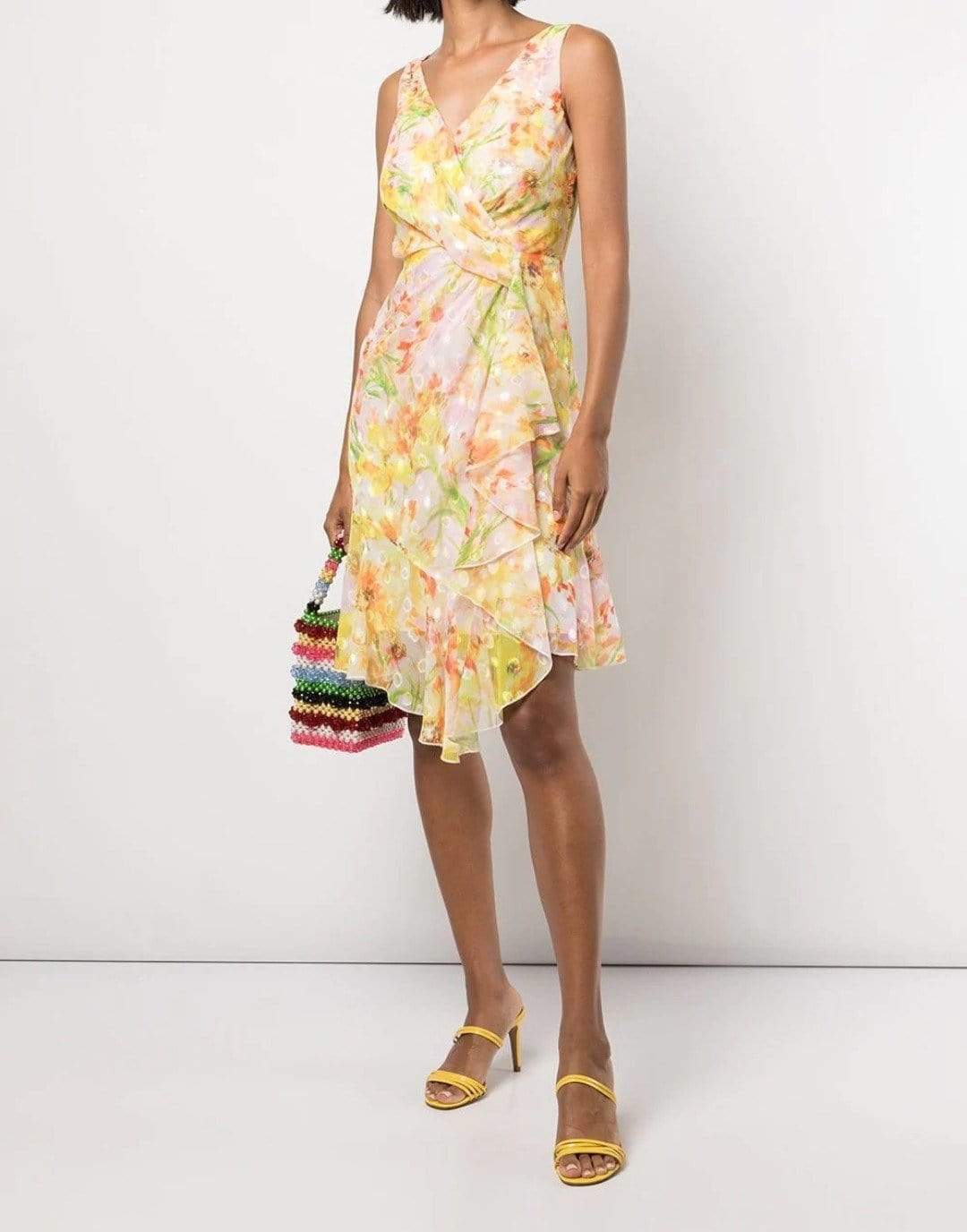 MARCHESA NOTTE-Daffodil Sleeveless Burnout Chiffon Wrap Dress-