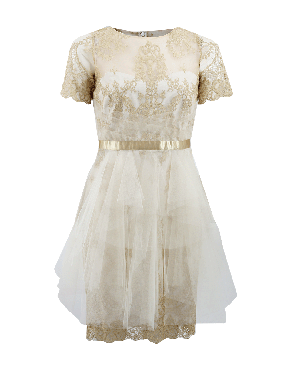 MARCHESA NOTTE-Metallic Lace Dress-