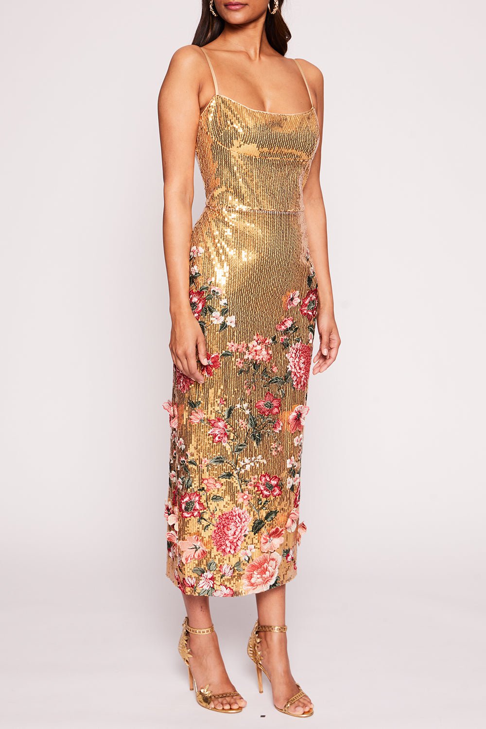 MARCHESA NOTTE-Embroidered Applique Sequin Dress-