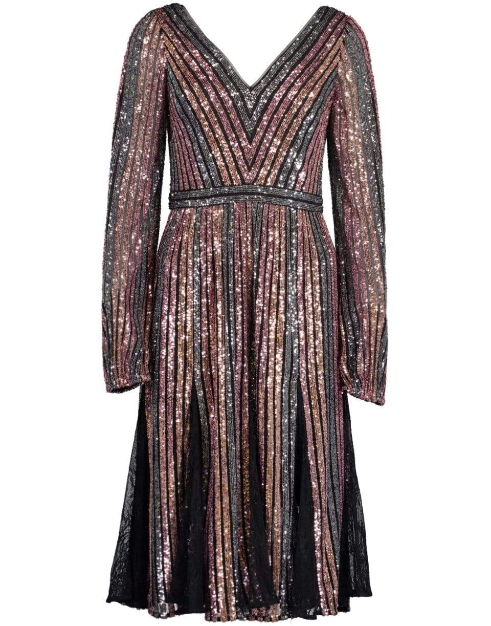 MARCHESA NOTTE-Long Sleeve V-Neck Striped Sequin Cocktail Dress-