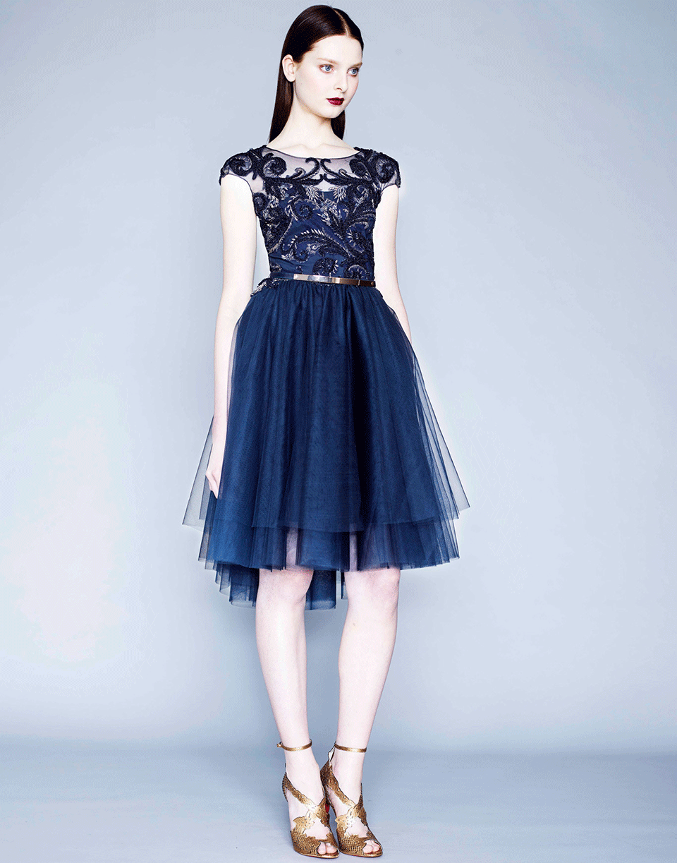 MARCHESA NOTTE-Embroidered Capsleeve Dress-