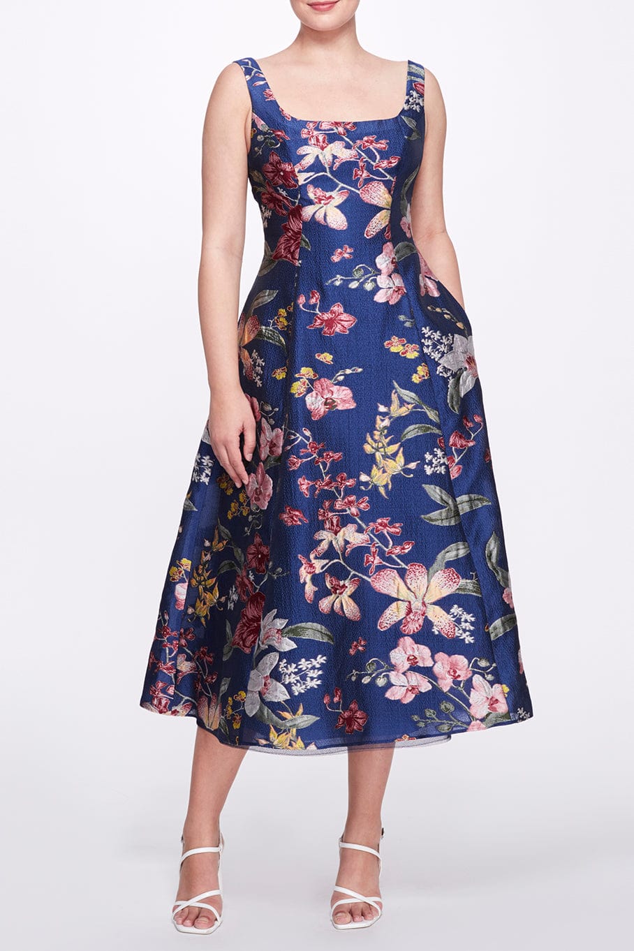 Marchesa Notte Sleeveless Floral Fil Coupe A Line Dress Cobalt