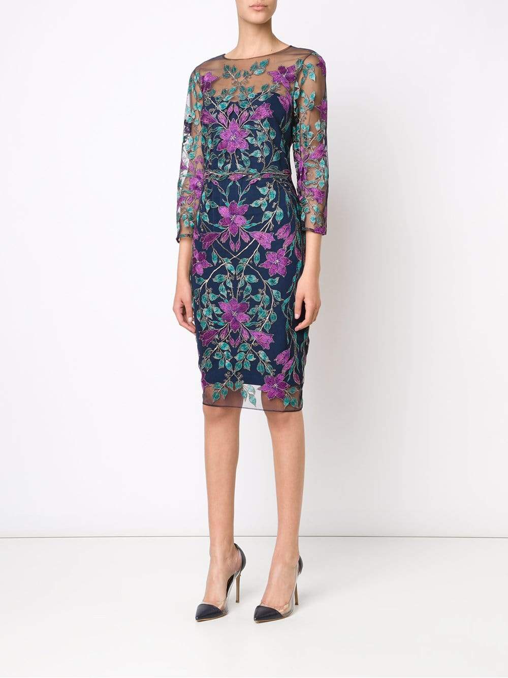 MARCHESA NOTTE-Illusion Floral Cocktail Dress-