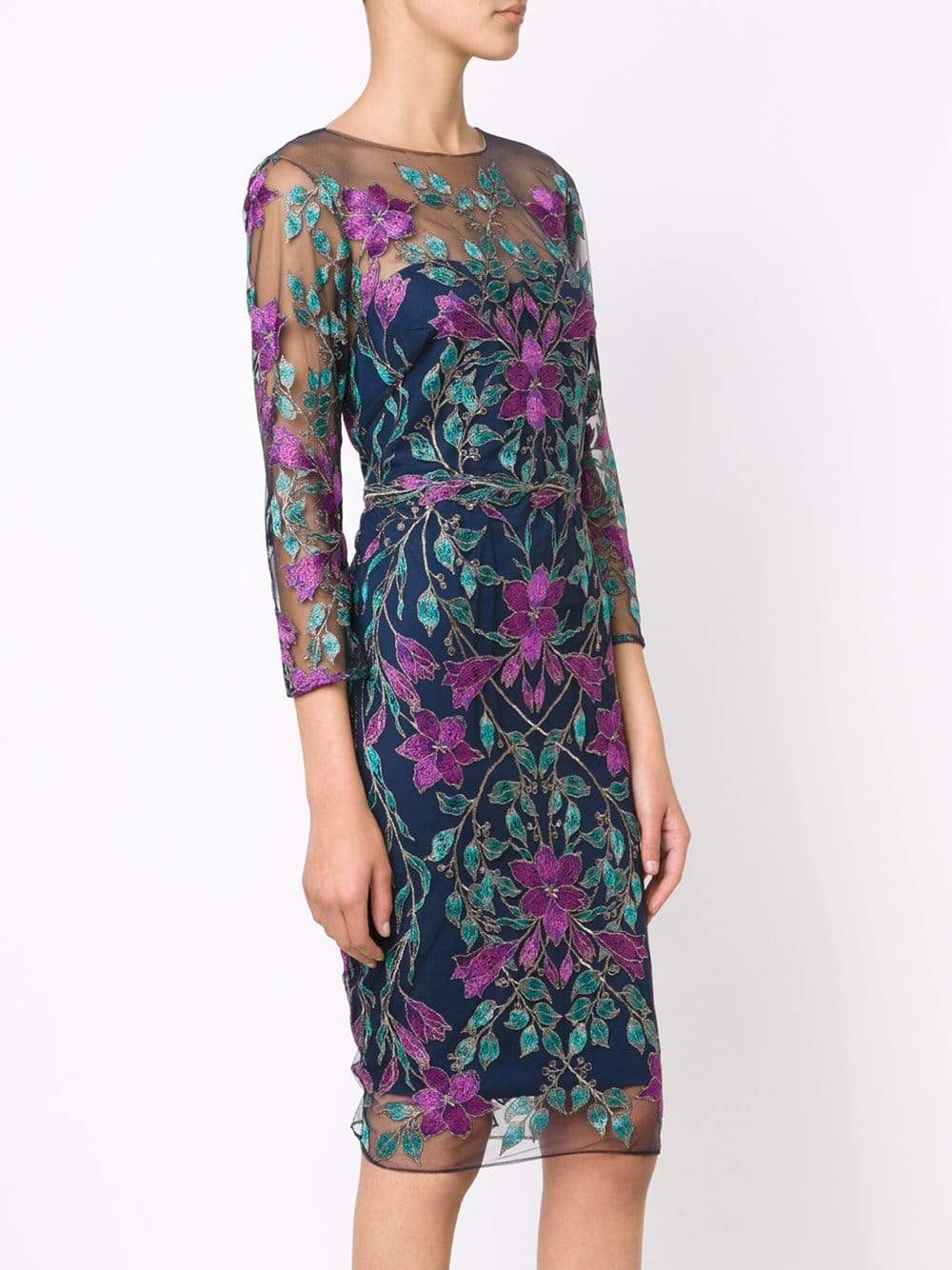 MARCHESA NOTTE-Illusion Floral Cocktail Dress-