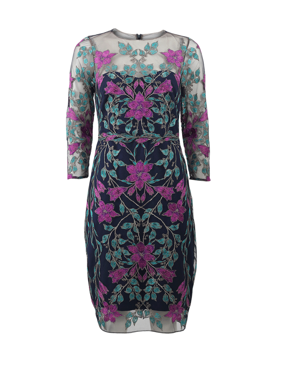 MARCHESA NOTTE-Illusion Floral Cocktail Dress-