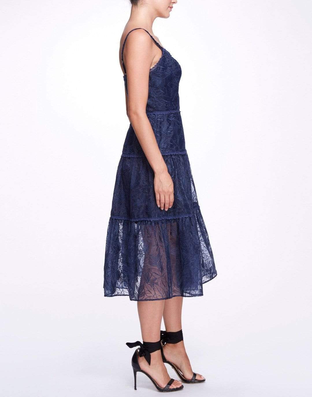 MARCHESA NOTTE-Navy Sleeveless Burnout Chiffon Wrap Dress-