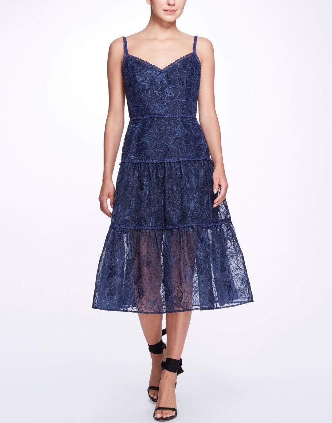 MARCHESA NOTTE-Navy Sleeveless Burnout Chiffon Wrap Dress-