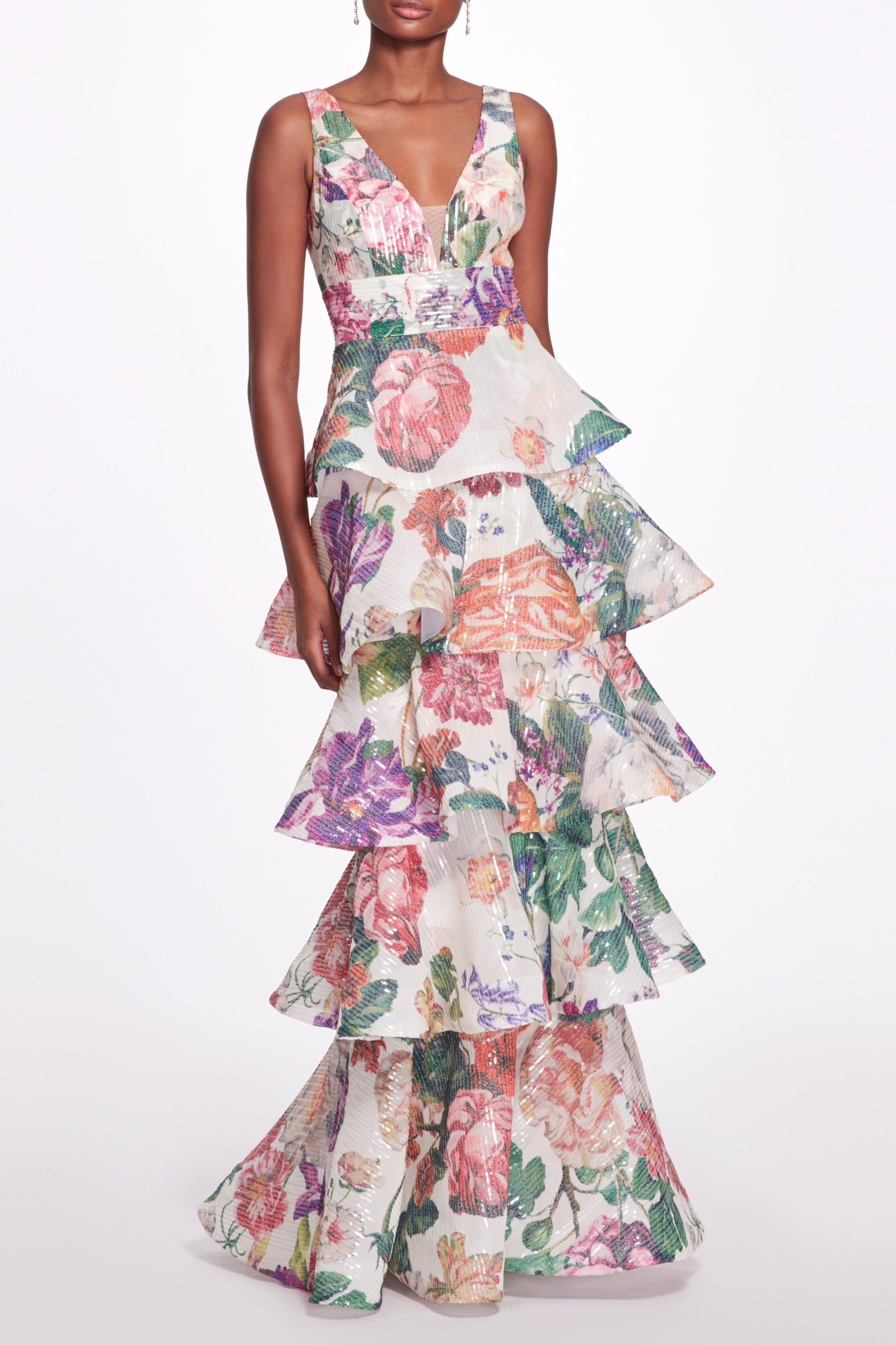MARCHESA NOTTE-Tiered Floral Gown-