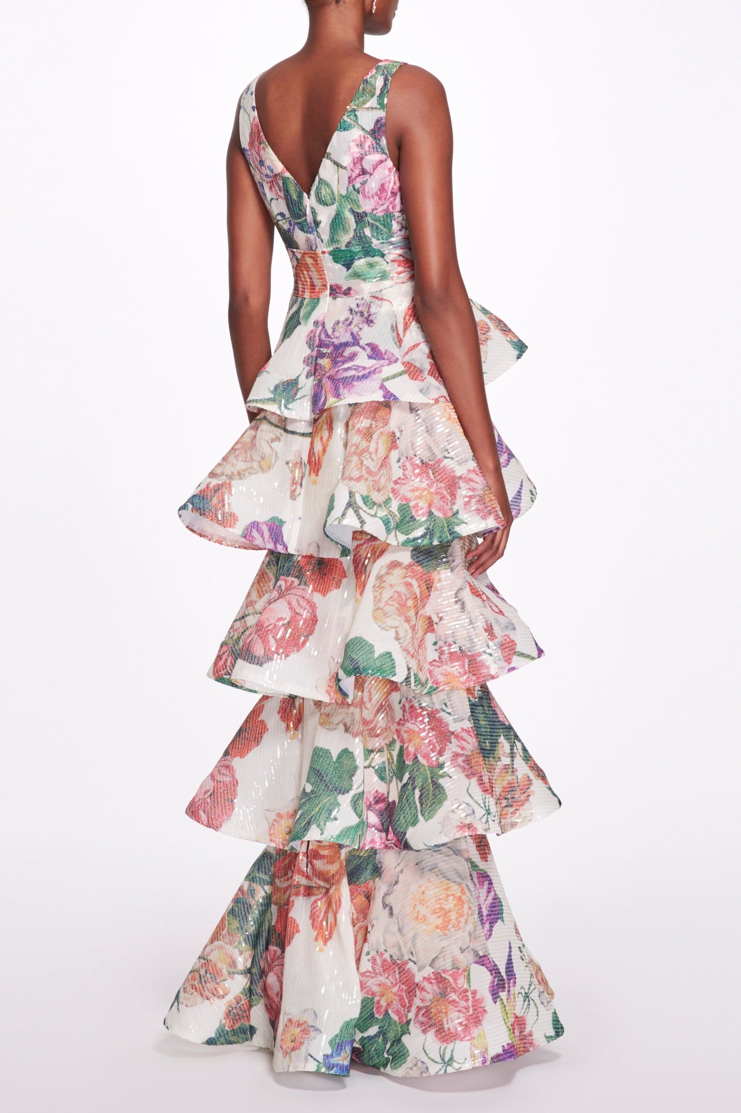 MARCHESA NOTTE-Tiered Floral Gown-