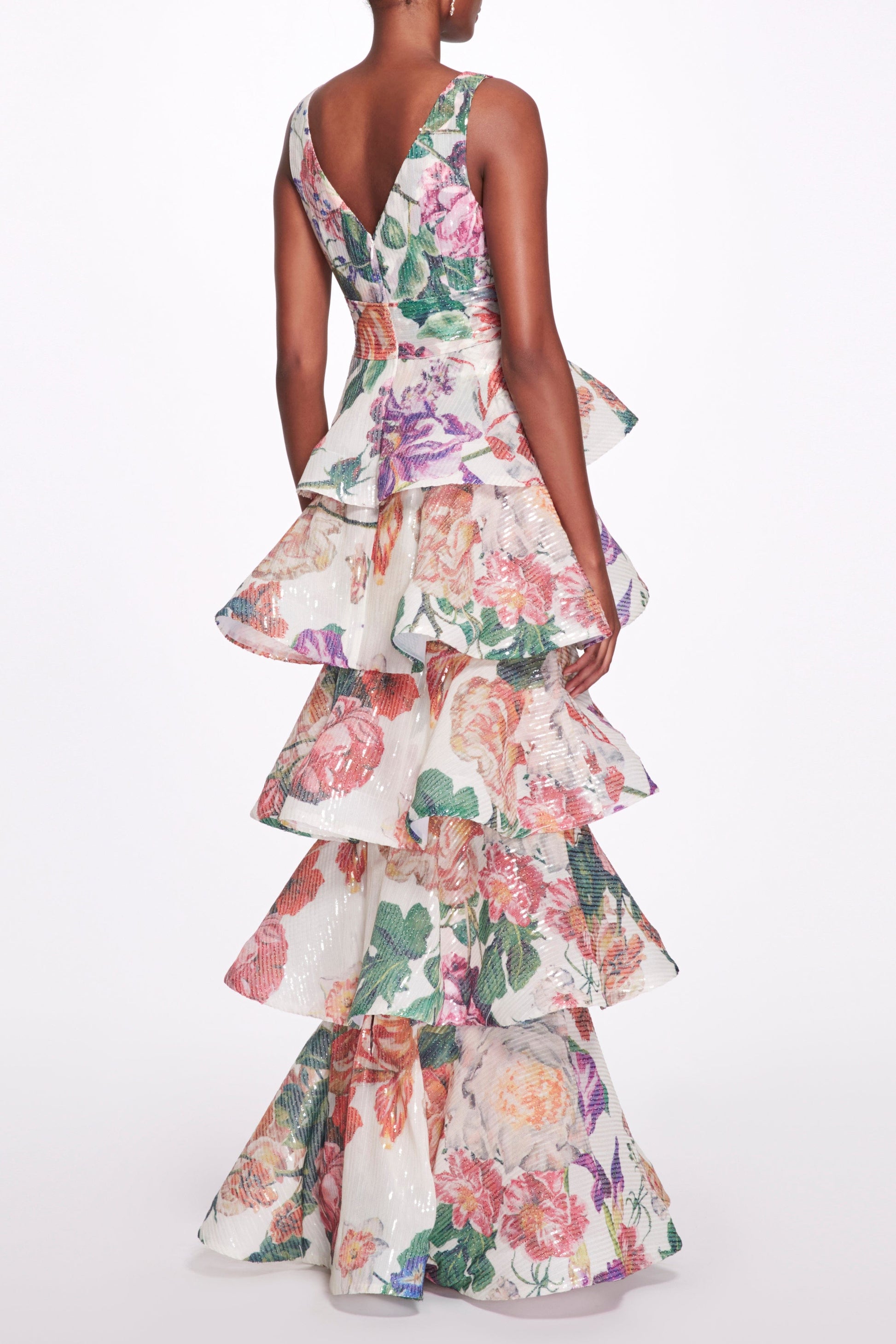 MARCHESA NOTTE-Tiered Floral Gown-