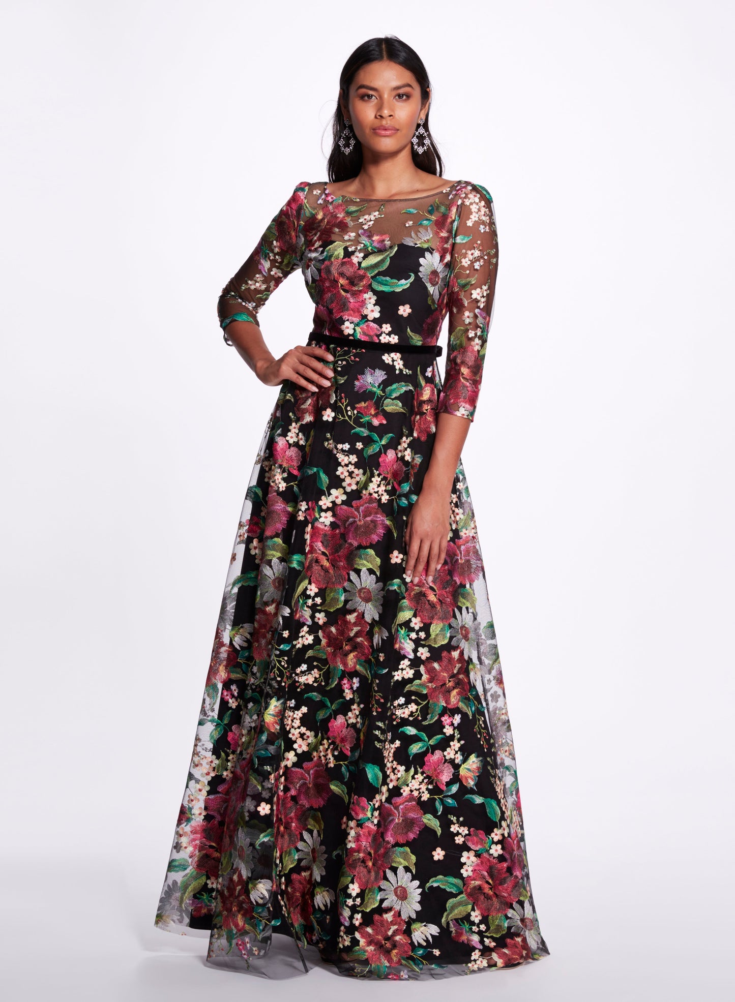 MARCHESA NOTTE-LS Embroidered Gown-