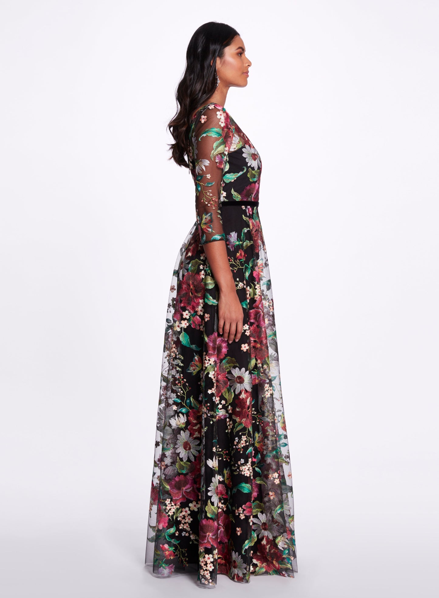 MARCHESA NOTTE-LS Embroidered Gown-