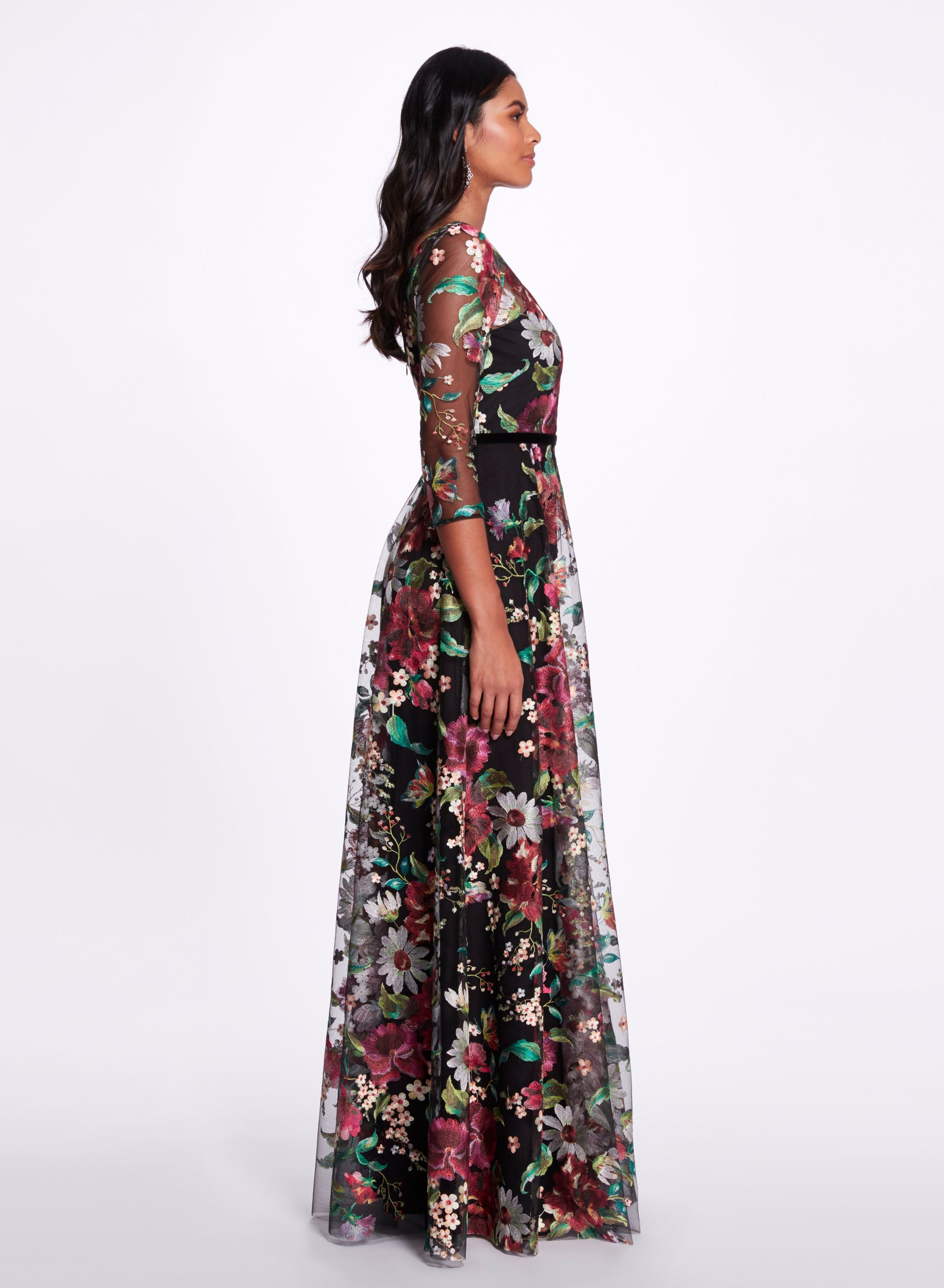 MARCHESA NOTTE-LS Embroidered Gown-