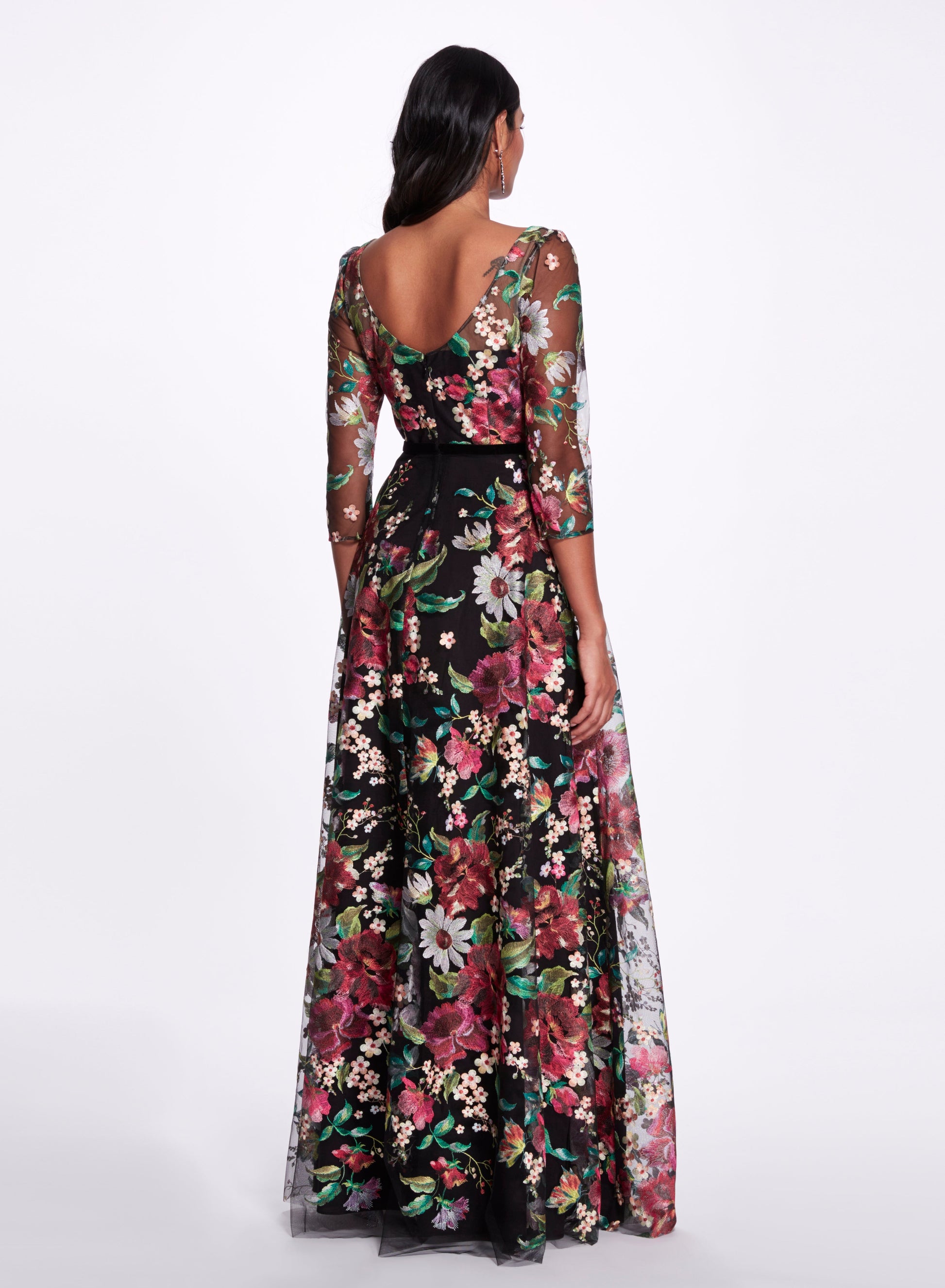 MARCHESA NOTTE-LS Embroidered Gown-