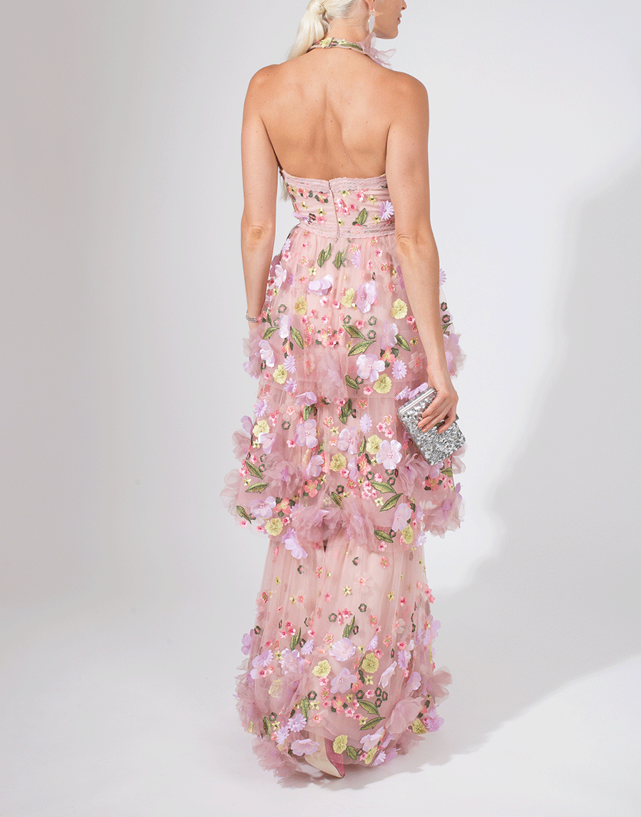 MARCHESA NOTTE-Halter Embroidered Gown-