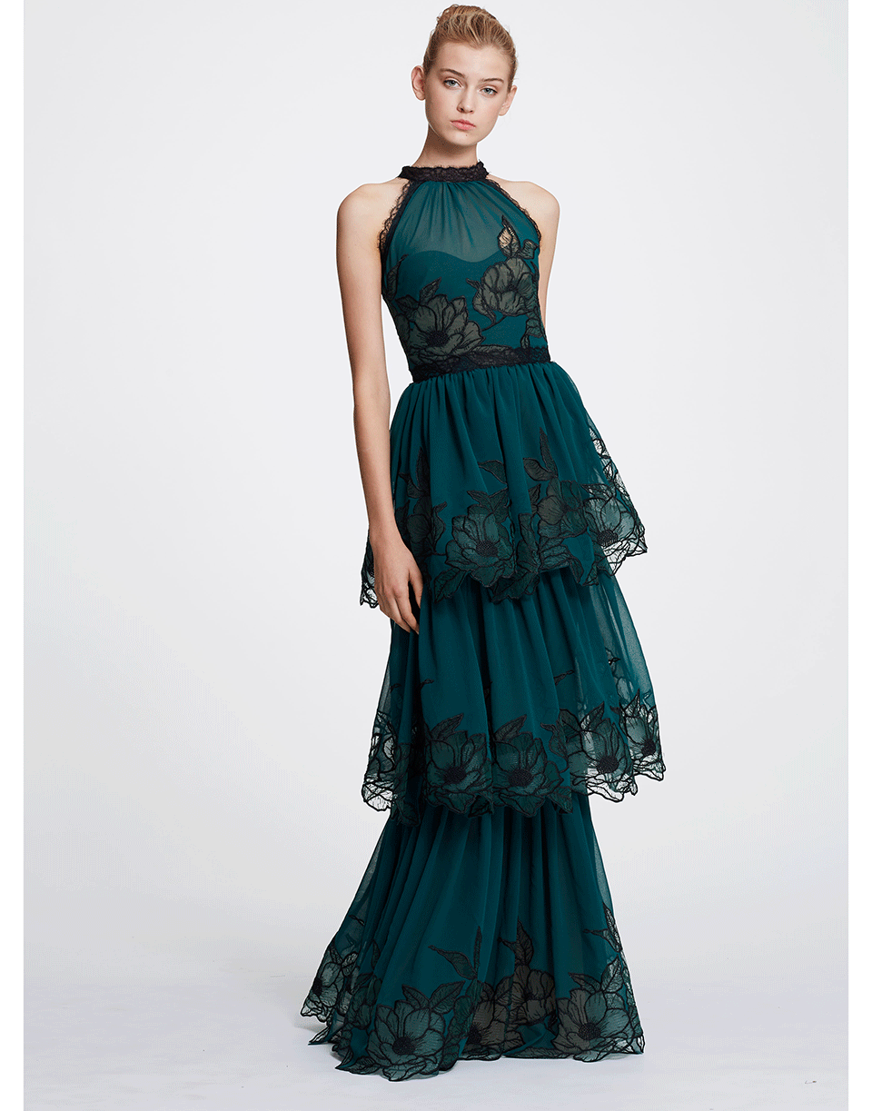 MARCHESA NOTTE-Halter Neck Lace Trim Tier Gown-