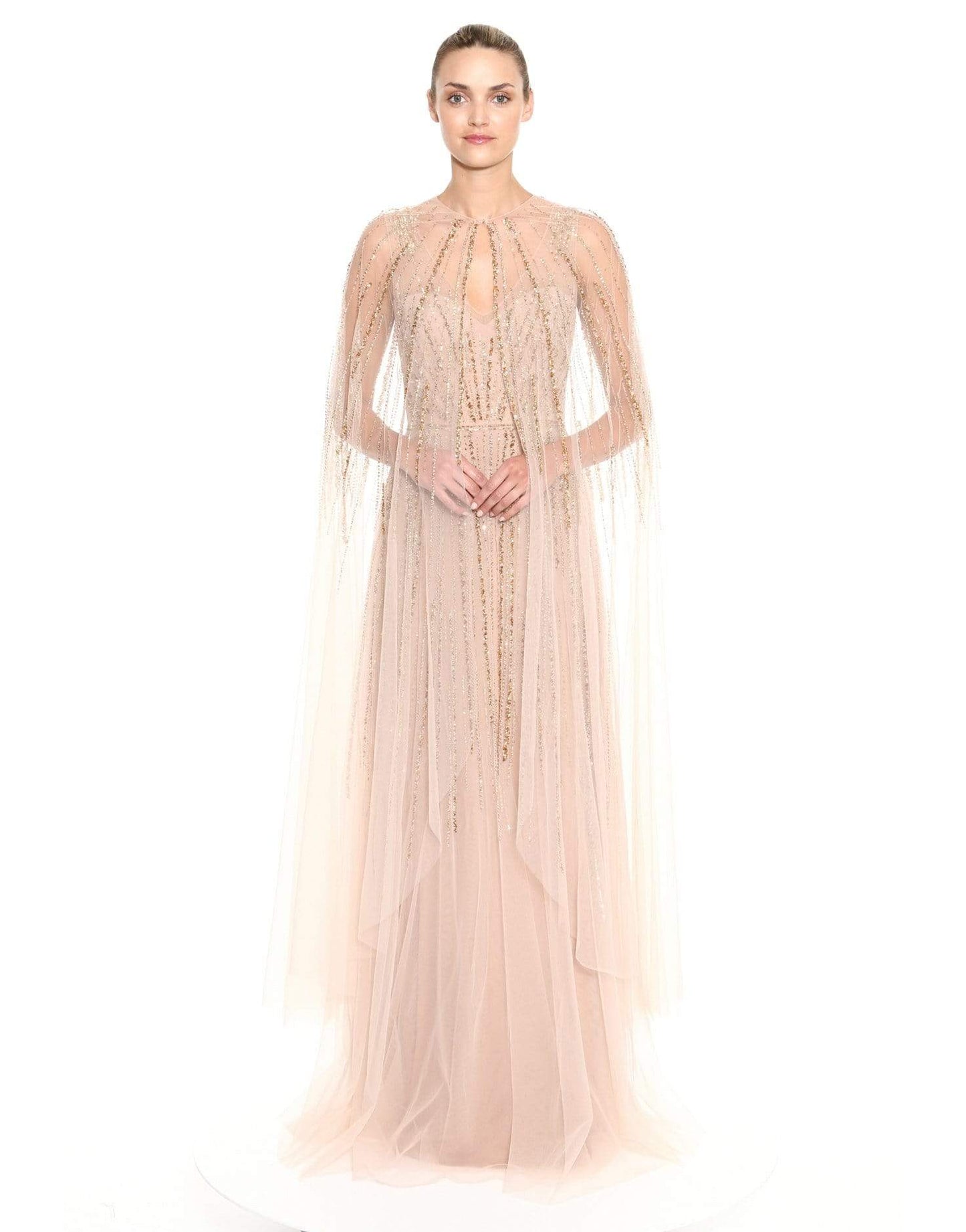 MARCHESA NOTTE-V-Neck Beaded Embroidered Gown with Cape-