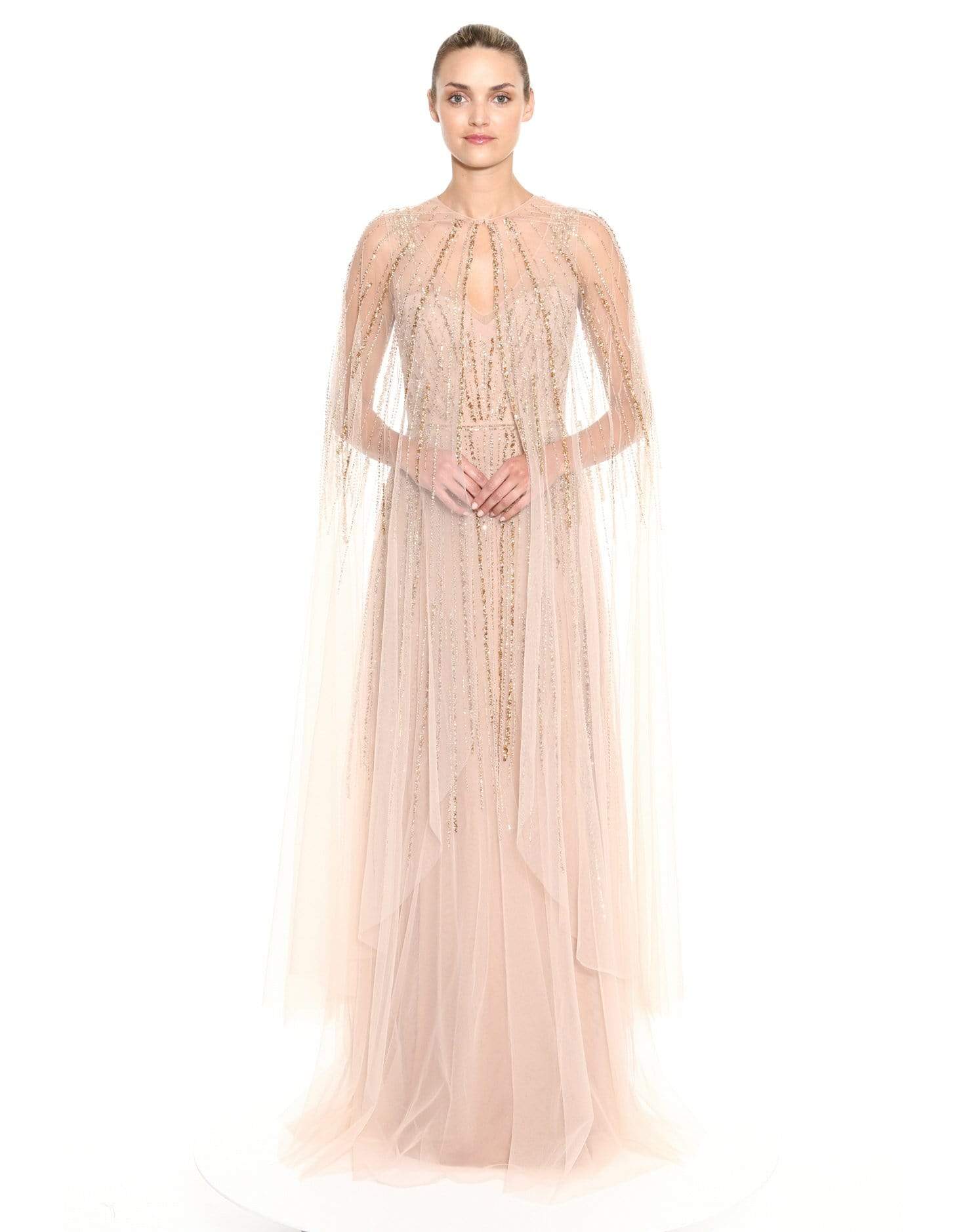 MARCHESA NOTTE-V-Neck Beaded Embroidered Gown with Cape-