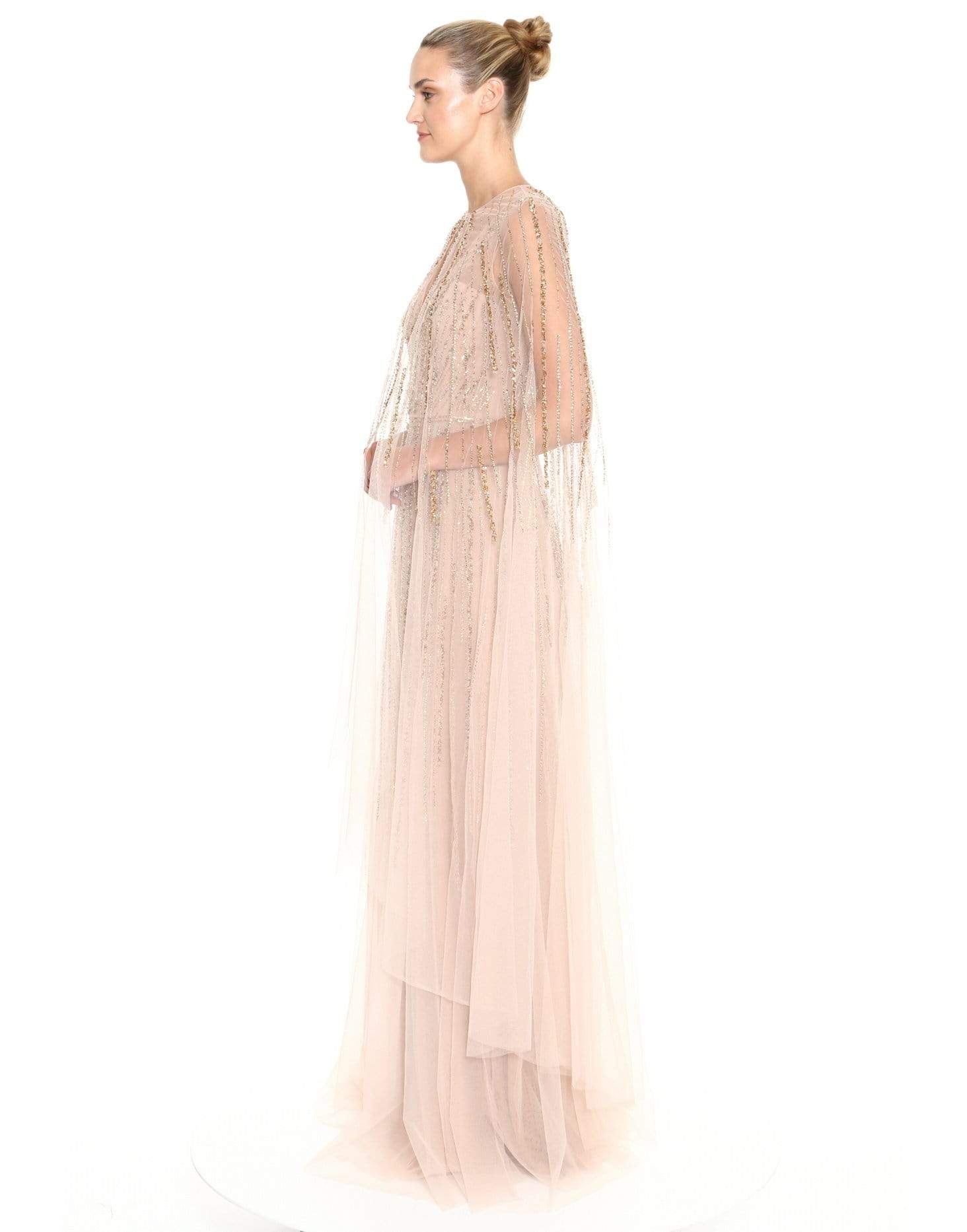 MARCHESA NOTTE-V-Neck Beaded Embroidered Gown with Cape-