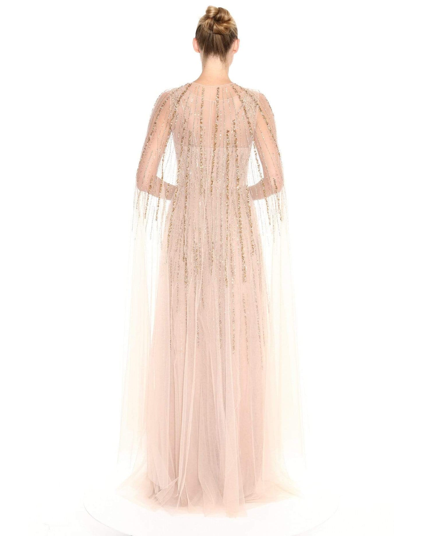 MARCHESA NOTTE-V-Neck Beaded Embroidered Gown with Cape-