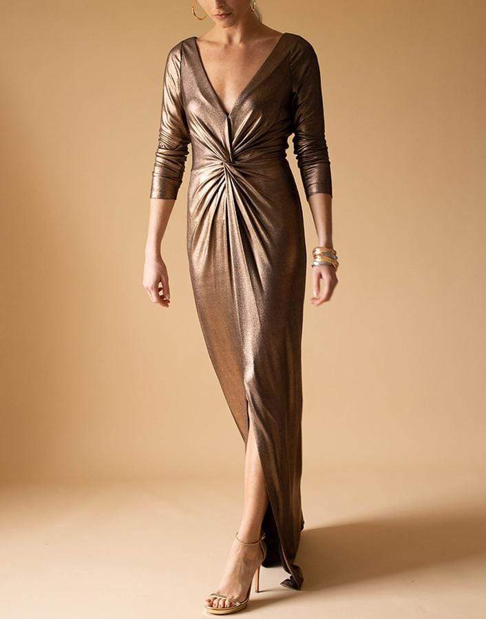 MARCHESA NOTTE-Gold Long Sleeve V-Neck Foiled Lame Gown-