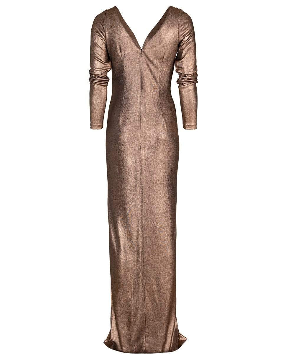 MARCHESA NOTTE-Gold Long Sleeve V-Neck Foiled Lame Gown-