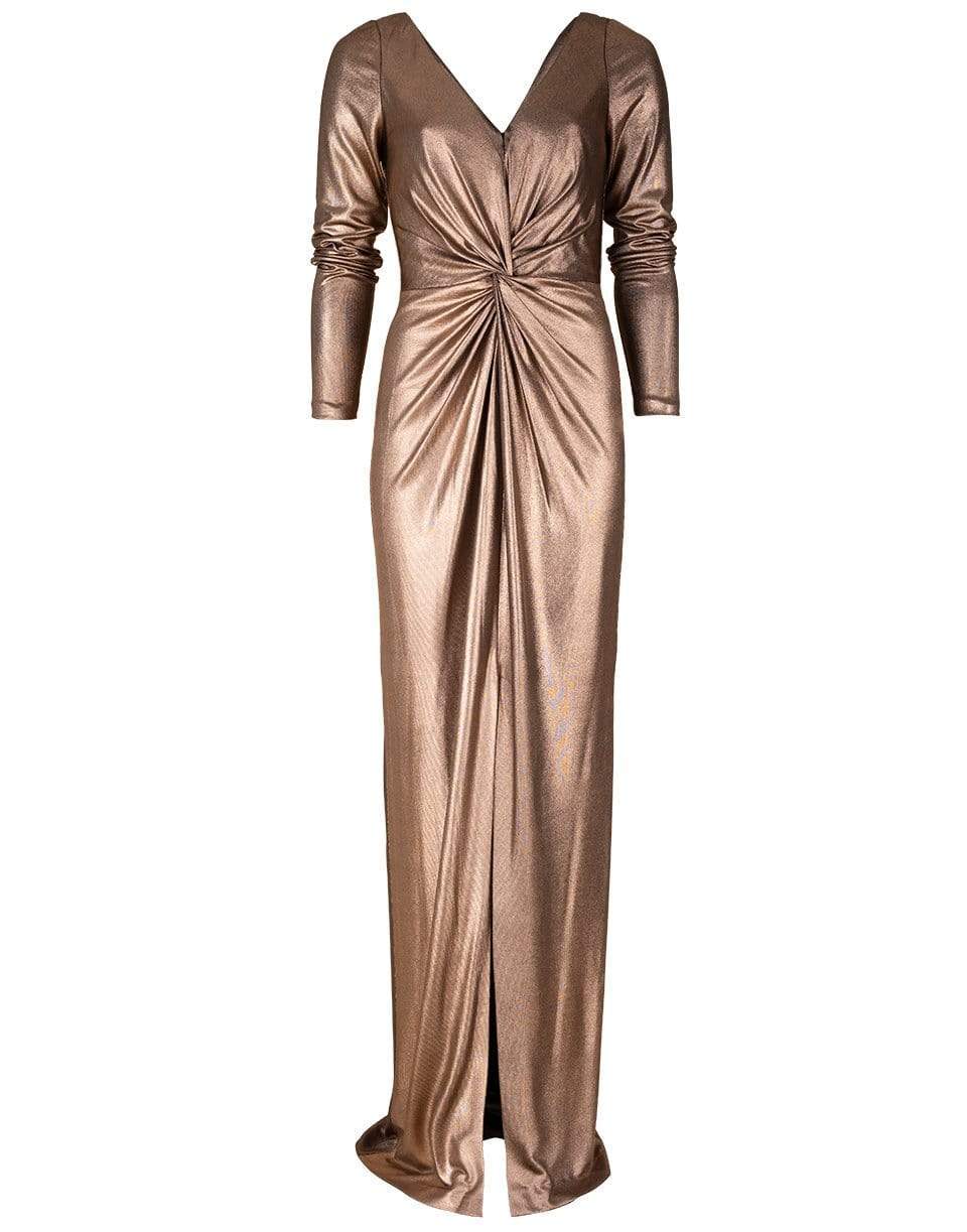 MARCHESA NOTTE-Gold Long Sleeve V-Neck Foiled Lame Gown-