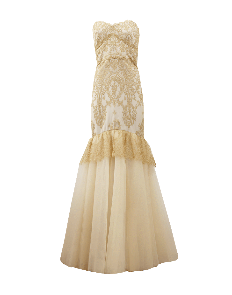 MARCHESA NOTTE-Strapless Metallic Lace Mermaid Gown-