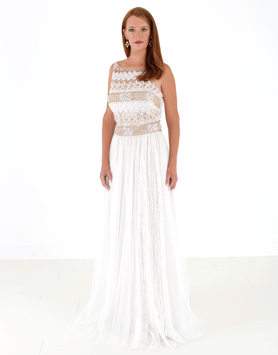MARCHESA NOTTE-Beaded Gown With Lace Skirt-