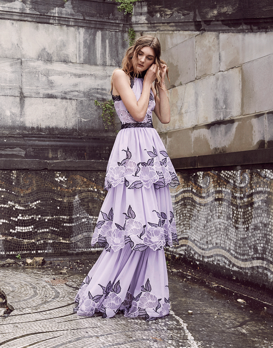Purple Marchesa Gowns Halter Neck Lace Trim Tier Gown MARCHESA